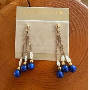 Vintage Lapis Lazuli & Freshwater Pearl Dangle Earrings Gold Tone Triple Chain